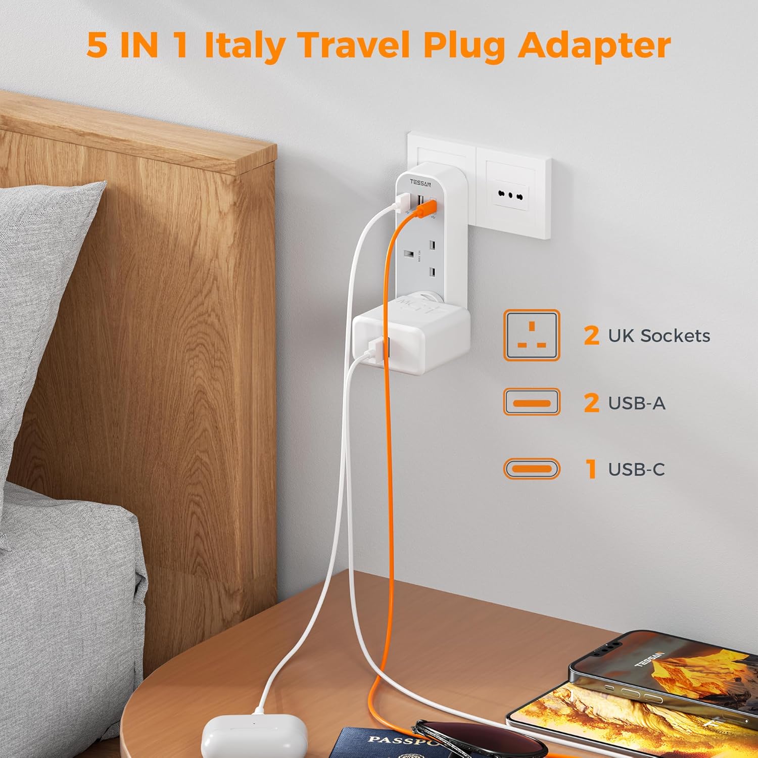 TESSAN 5-in-1 UK to Italy Adapter with USB-C