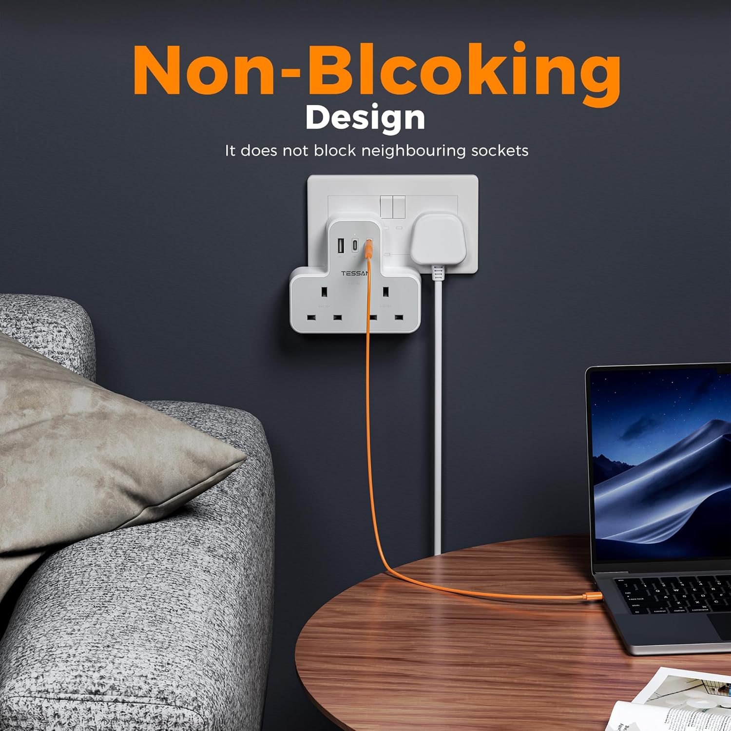 TESSAN Double Plug Extension Socket with Fast Charger