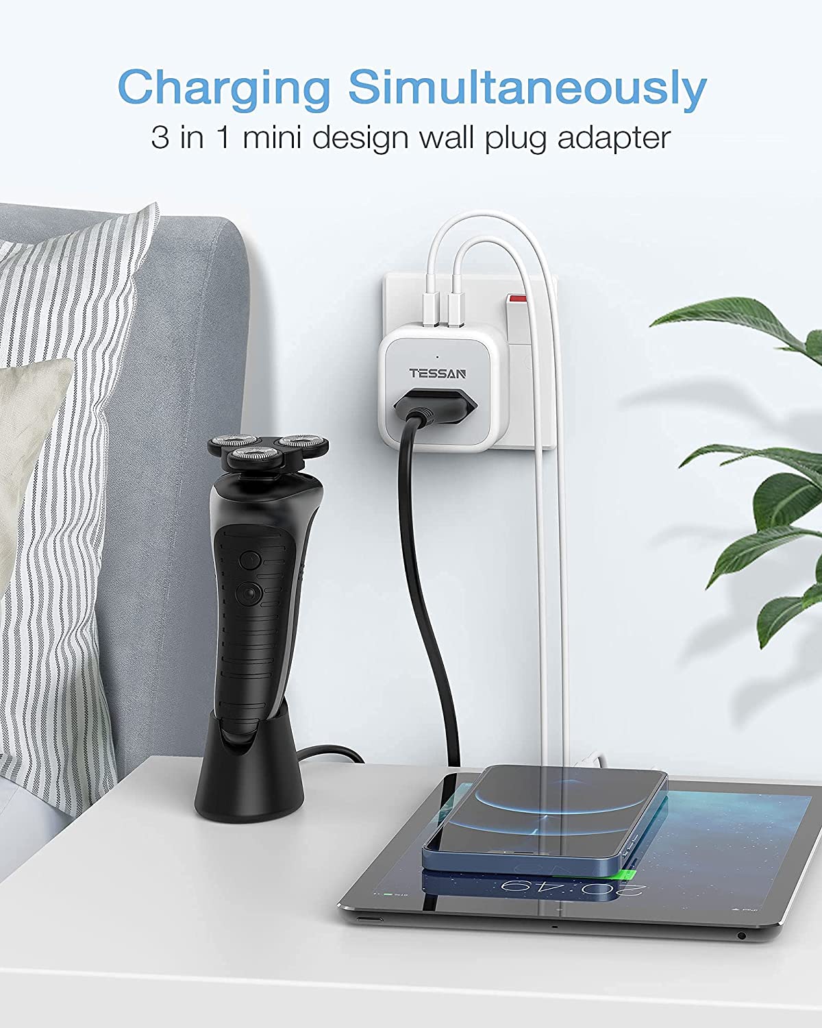 Shaver Charger 2 Pin to 3 Pin Adapter Plug Socket with 2 USB for Bathroom Electric Toothbrush