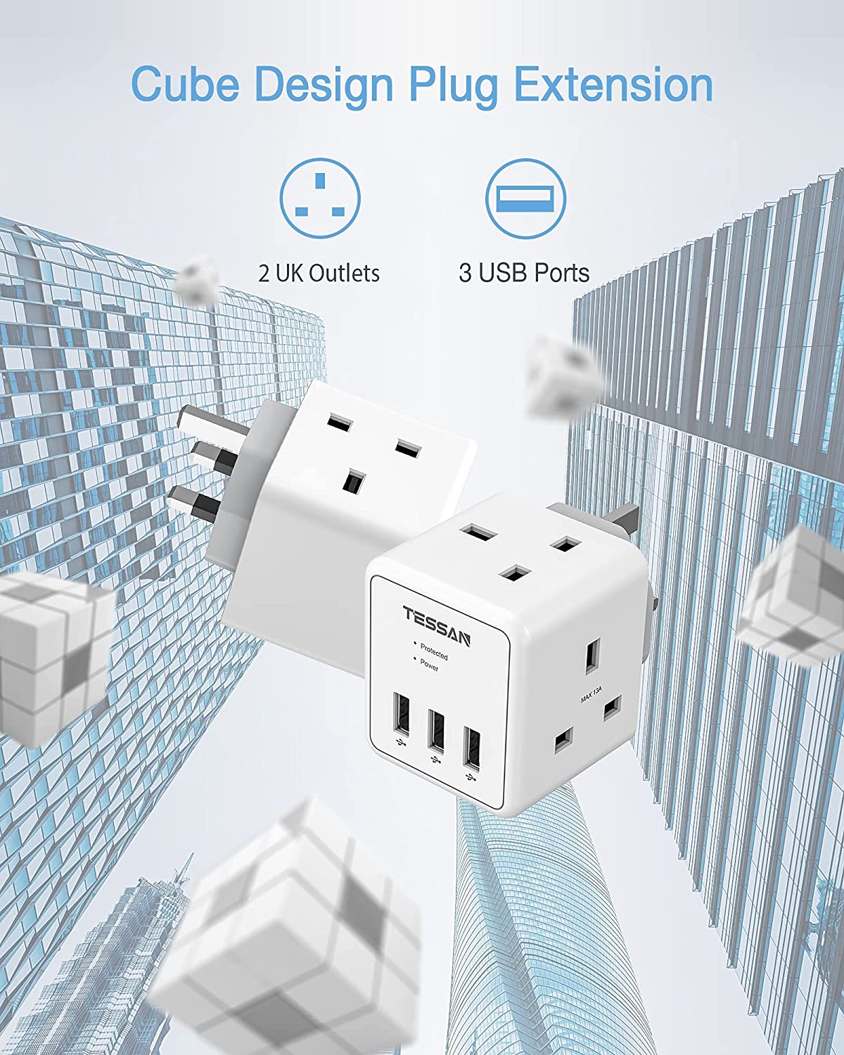Surge Protected  Plug Extension  with 2 AC outlets 3 USB ports