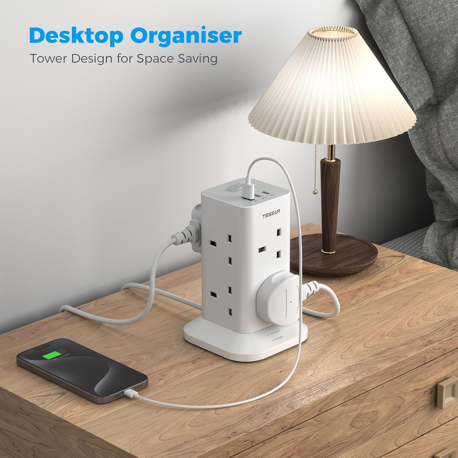 TESSAN 8 Way Tower Extension Lead with USB C Slots