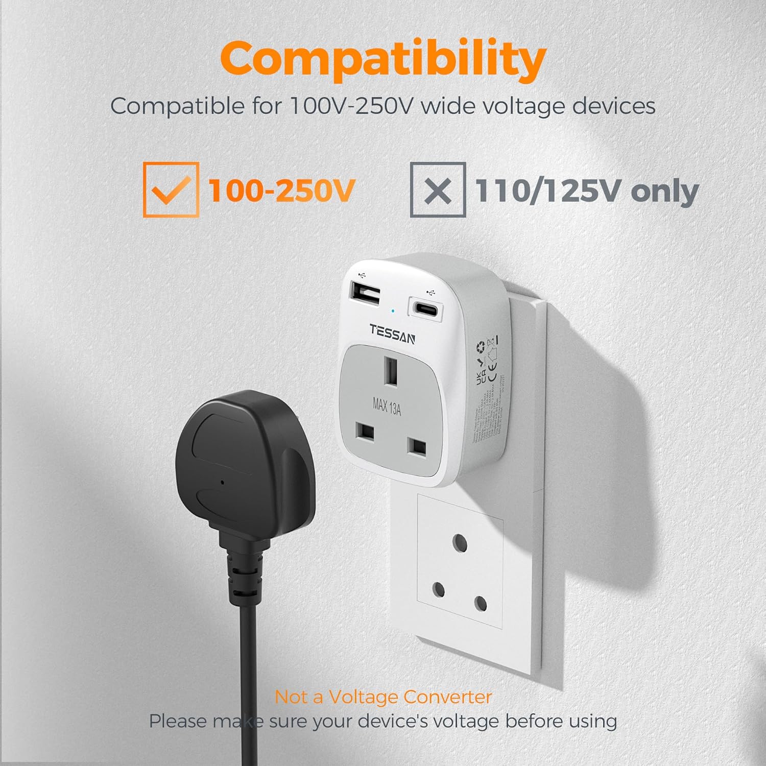 TESSAN 3-in-1 UK to India USB Adapter