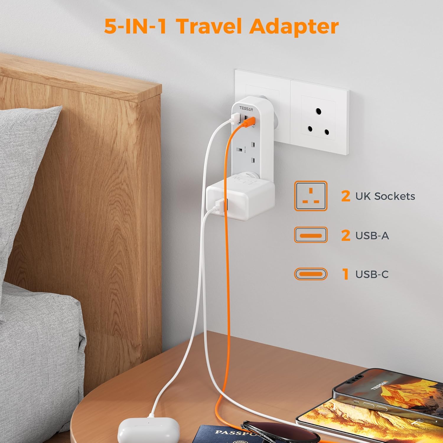 TESSAN 5-Port UK to South Africa Travel Adapter