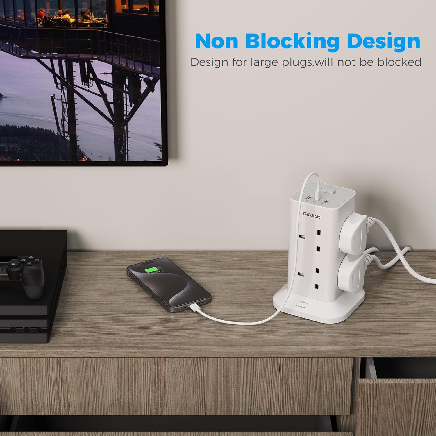 TESSAN 8 Way Tower Extension Lead with USB C Slots