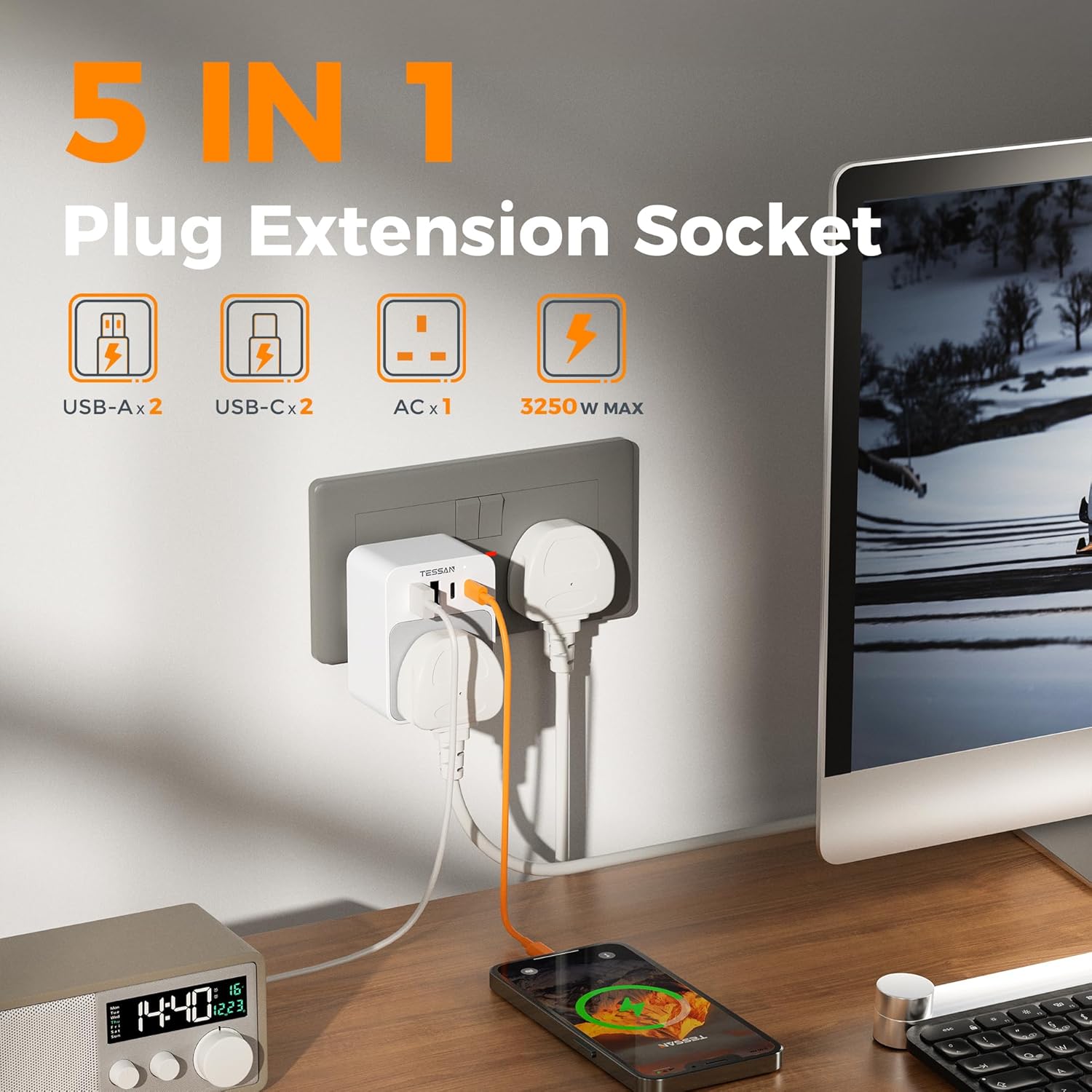 TESSAN UK Plug Adaptor with USB C