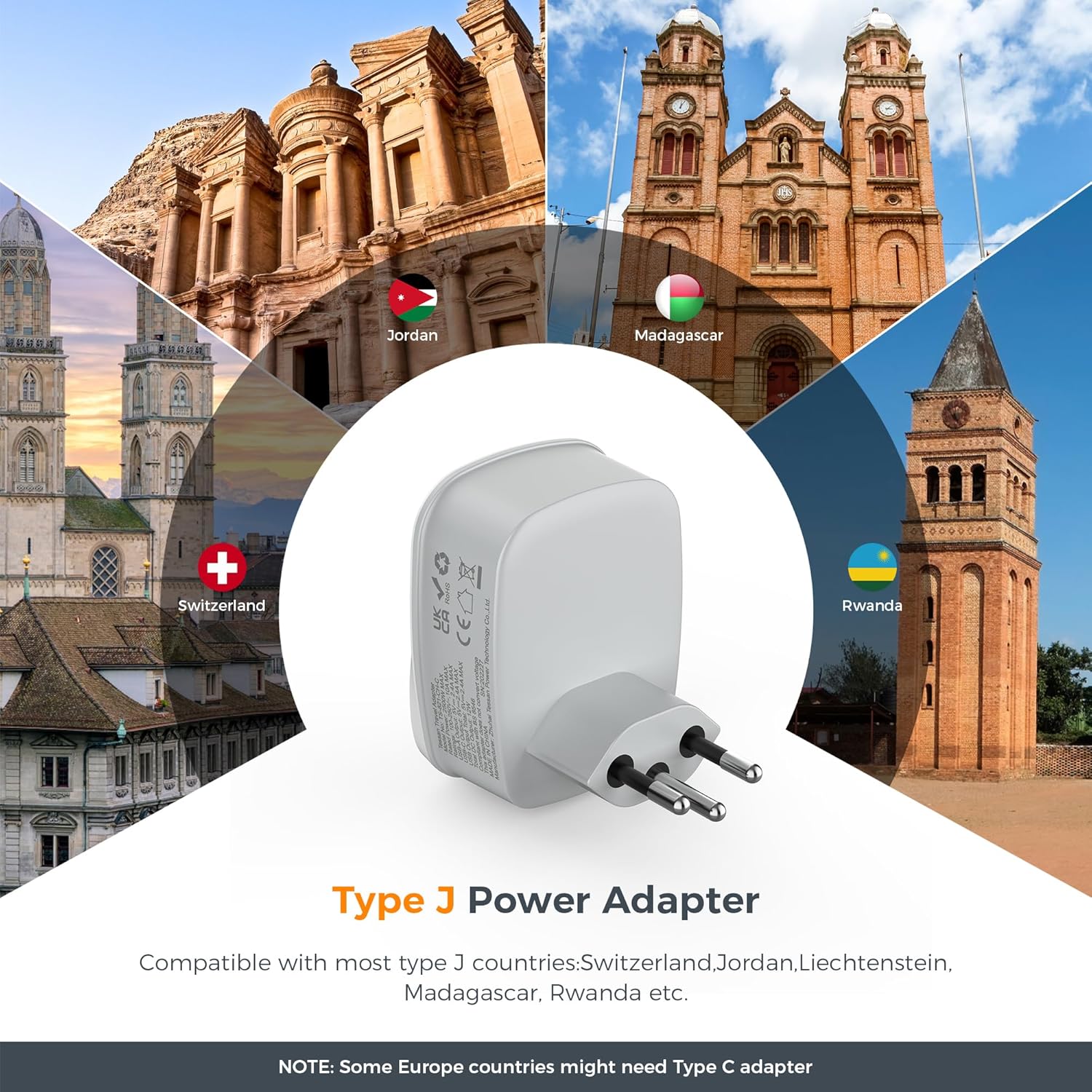 TESSAN 3-in-1 UK to Switzerland Adapter with USB-C