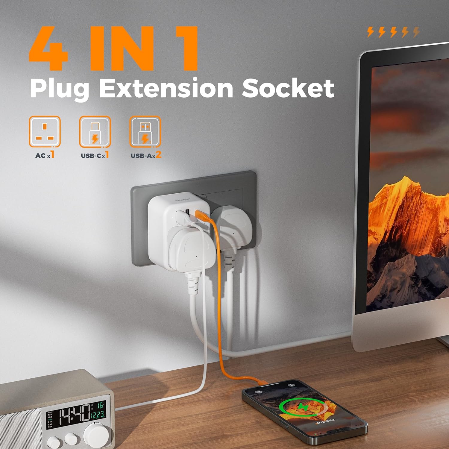 TESSAN UK Plug Extension Socket with 3 USB Ports