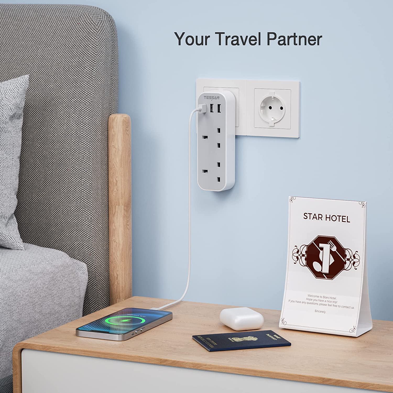 UK to European Plug Adapter with 3 USB 2 AC outlets