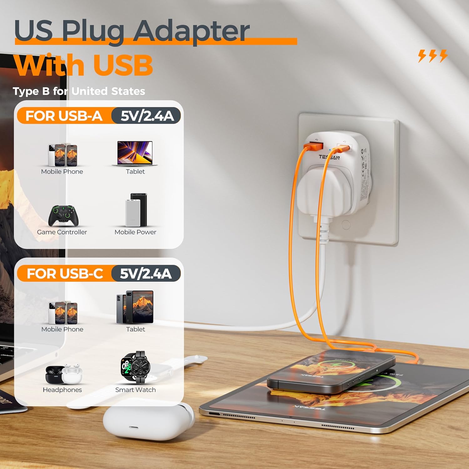 TESSAN 3-in-1 UK to US Adapter with USB