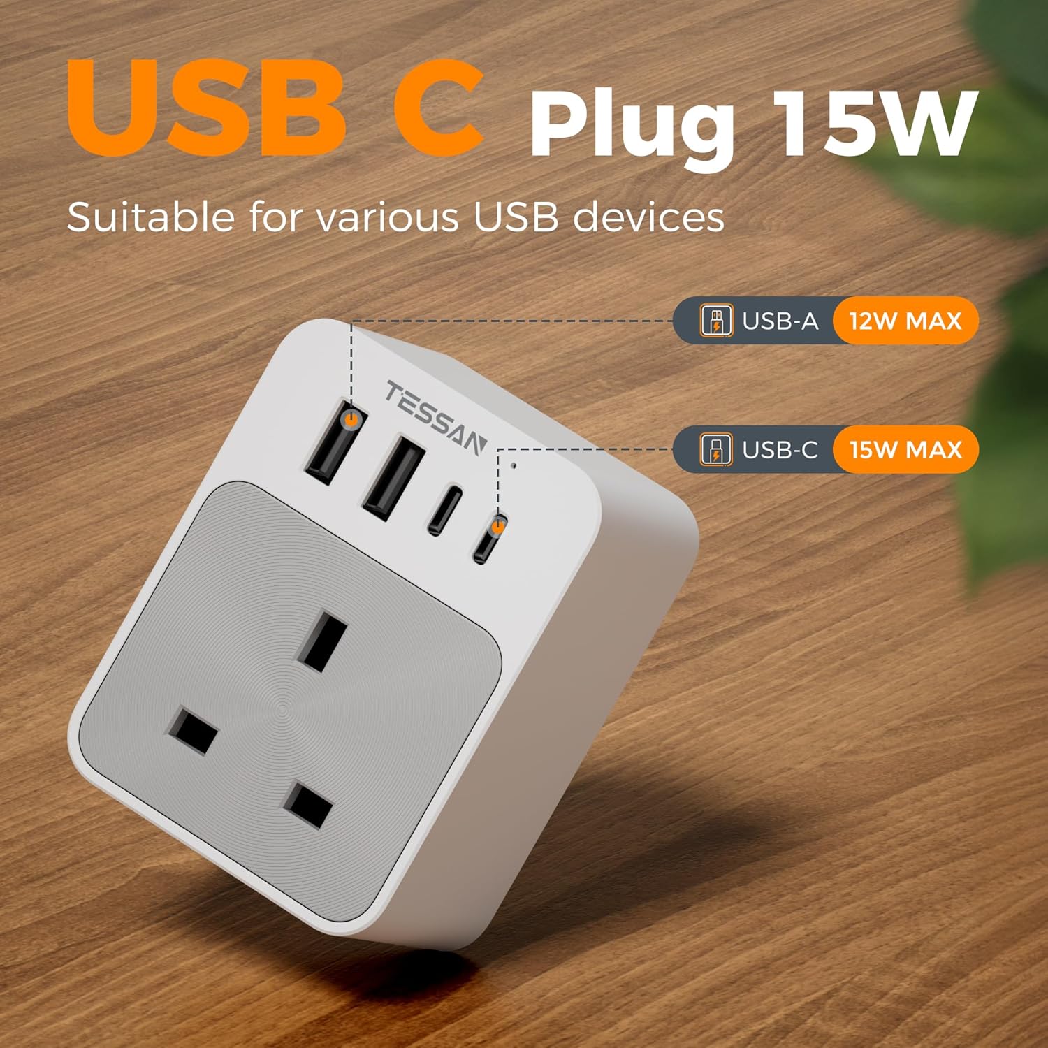TESSAN UK Plug Adaptor with USB C