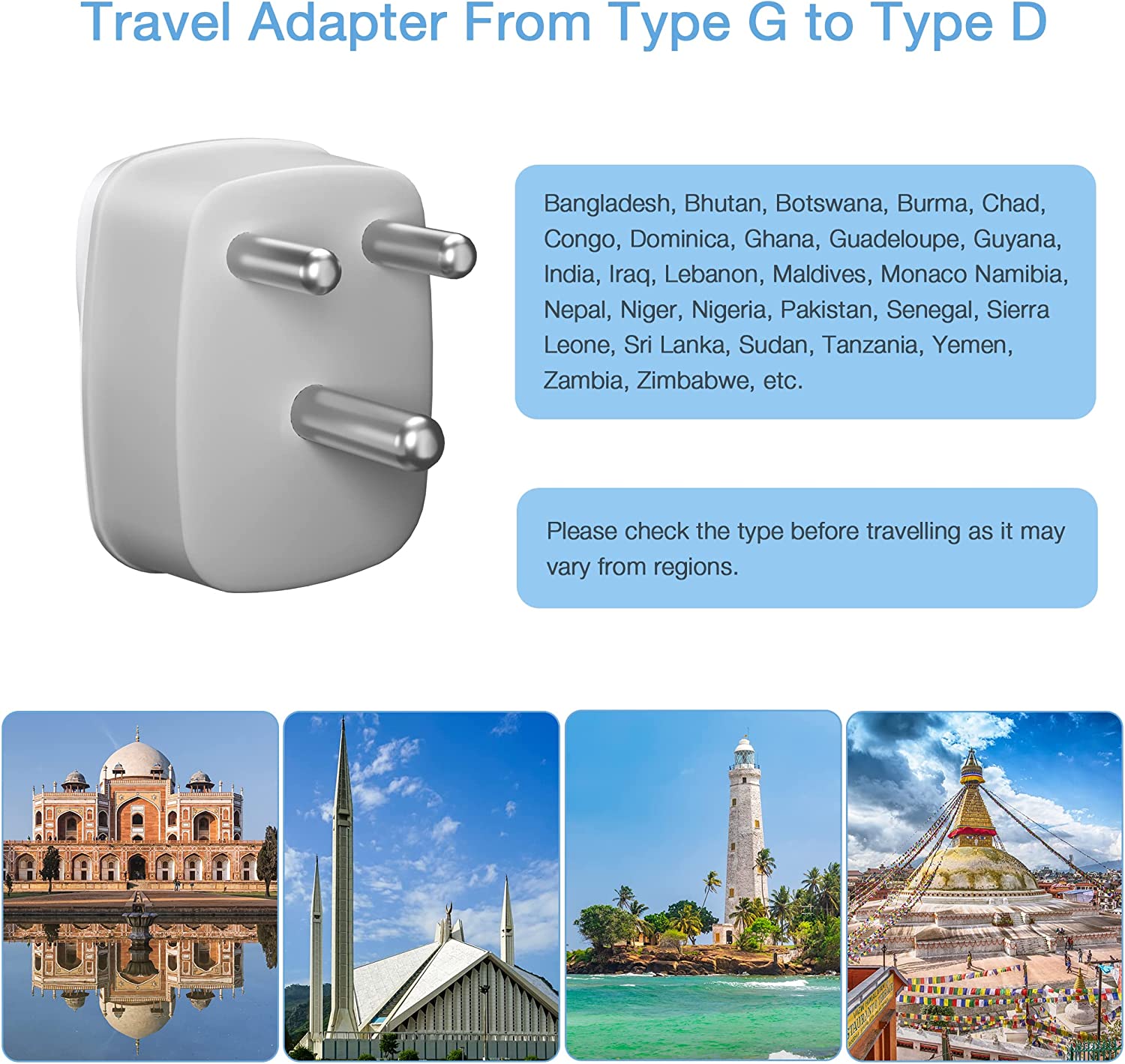 UK to India Travel Adapter 1 outlets and 2 USB ports