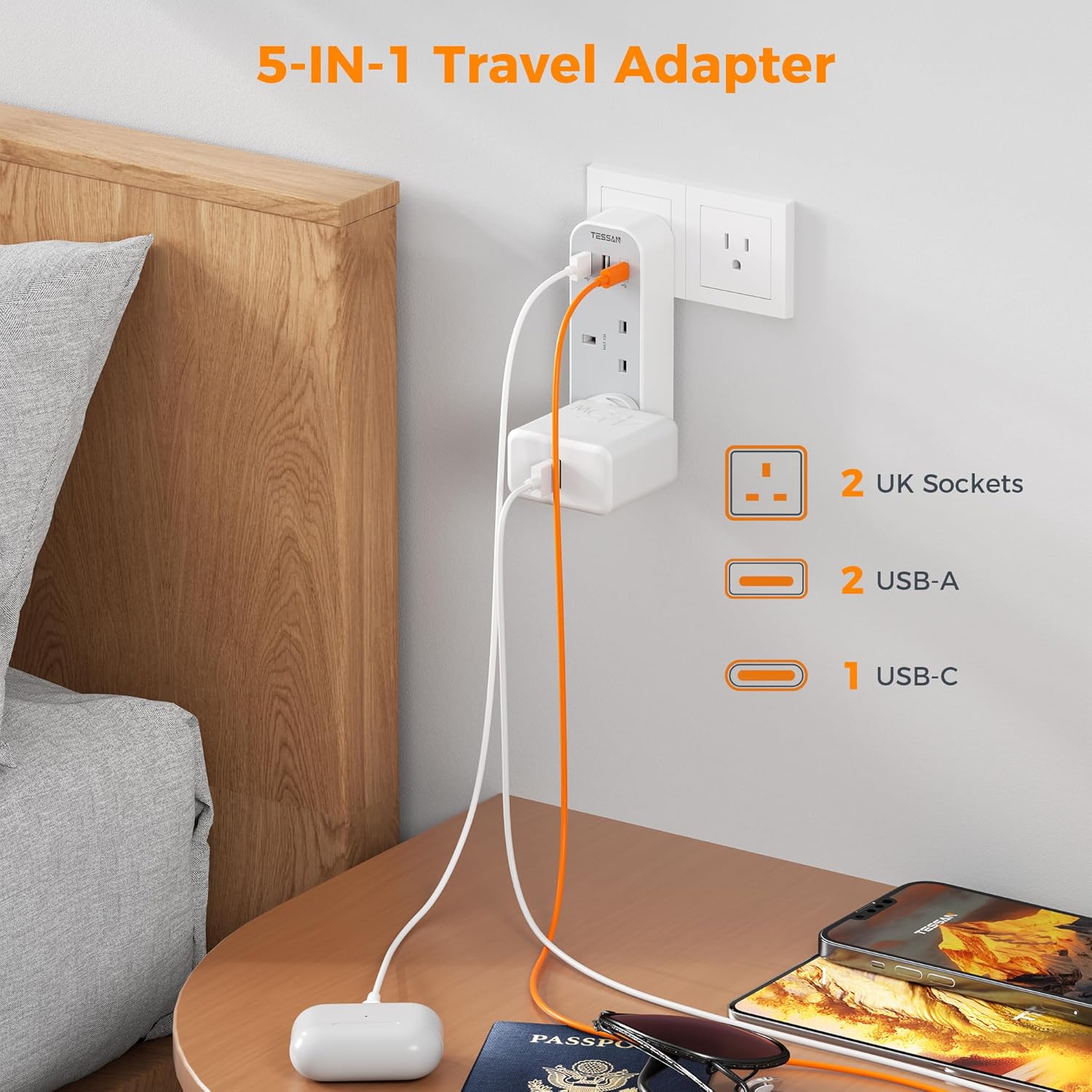 TESSAN 5-Port UK to US Adapter with USB-C
