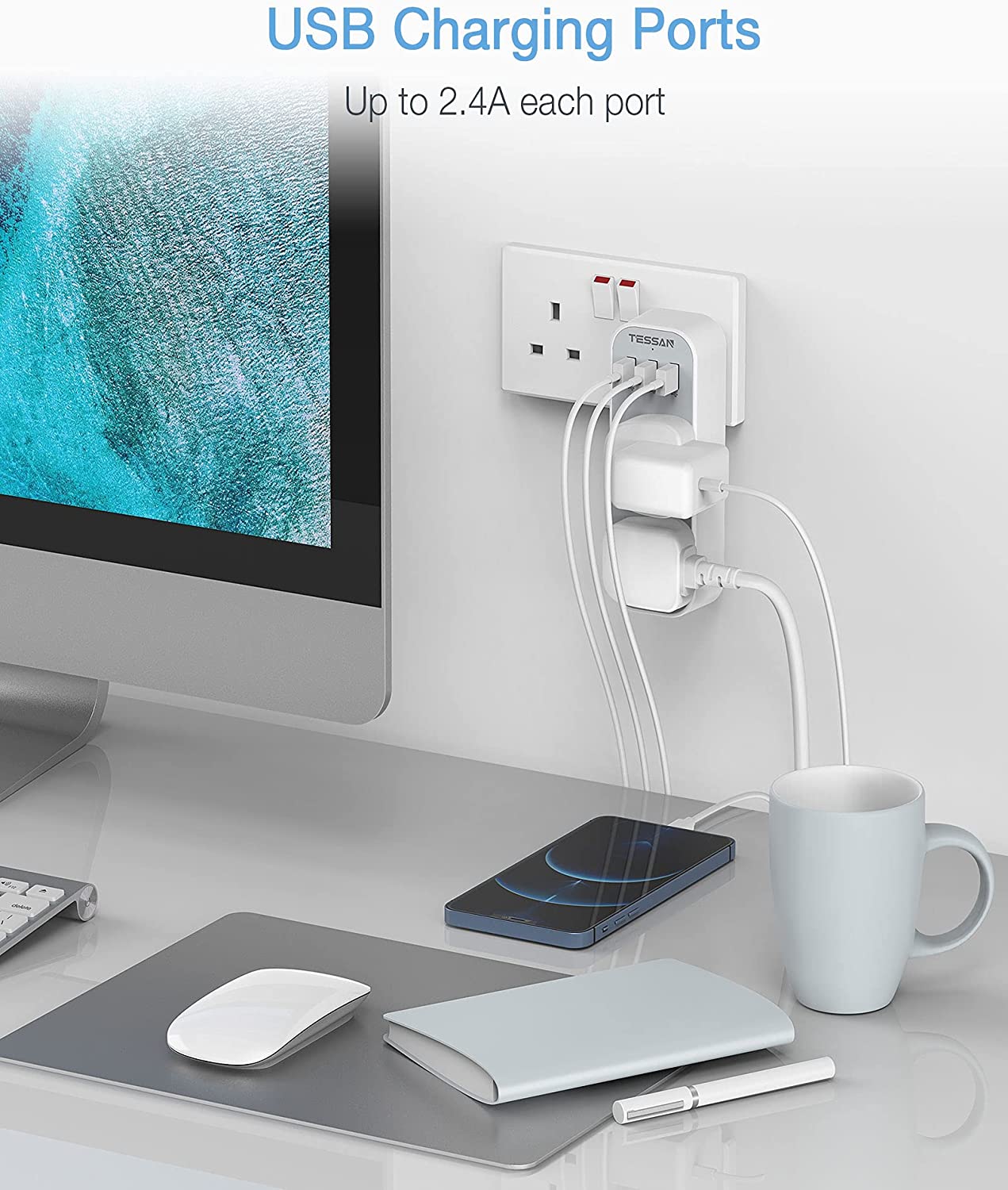 Multi Plug Extension Double Plug Adaptor with 2 Outlets and 3 USB Ports
