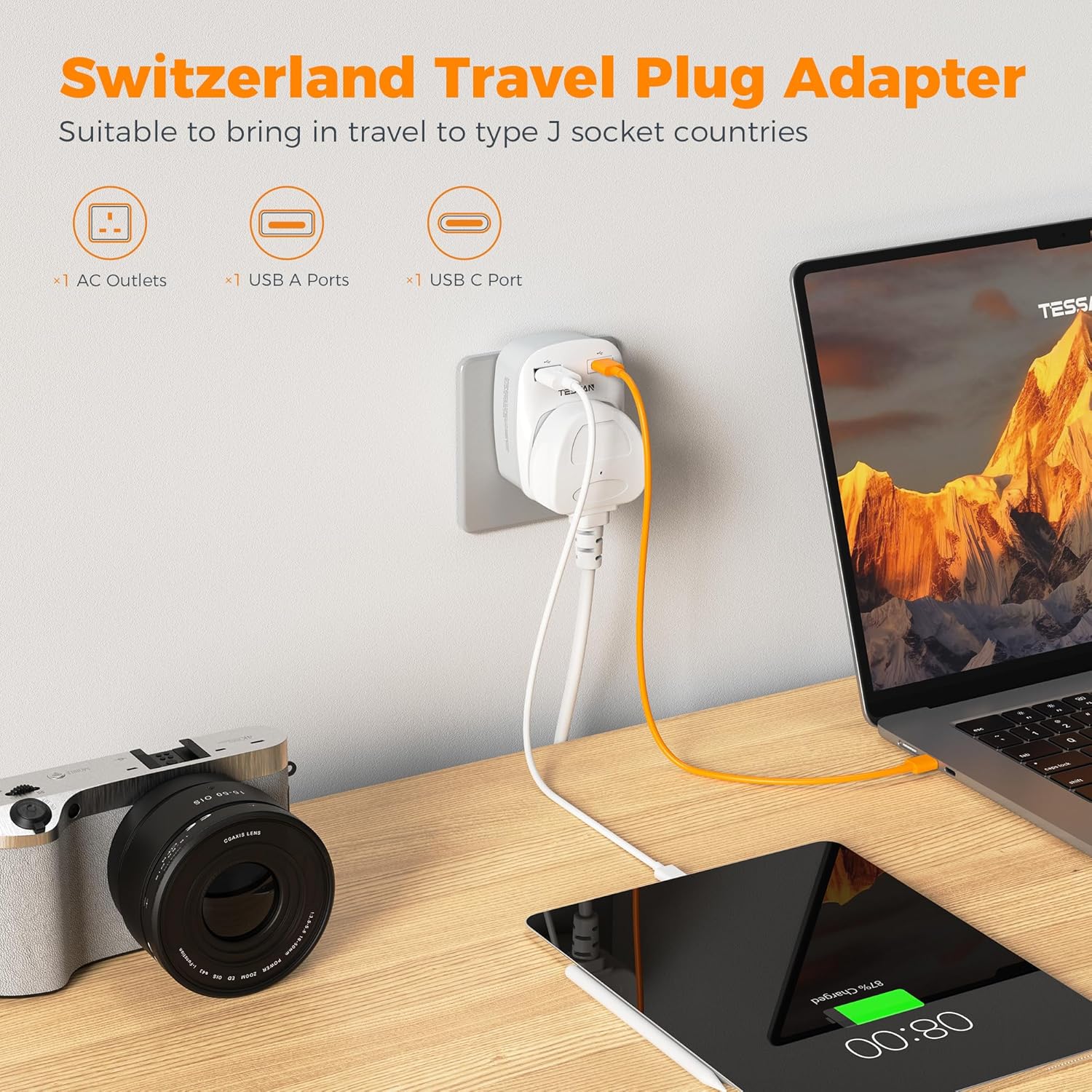 TESSAN 3-in-1 UK to Switzerland Adapter with USB-C