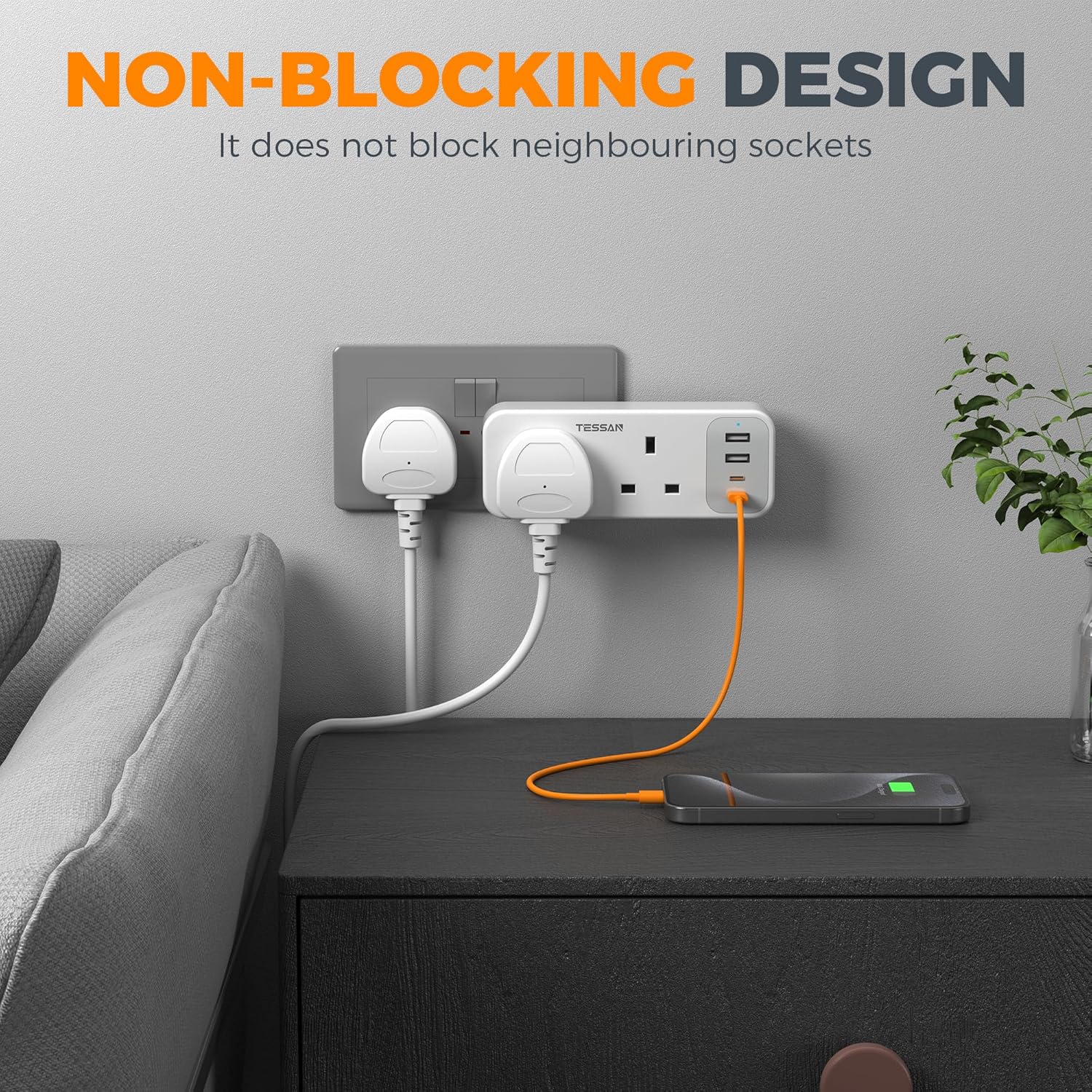 TESSAN UK Multi Plug Extension Adapter with USB