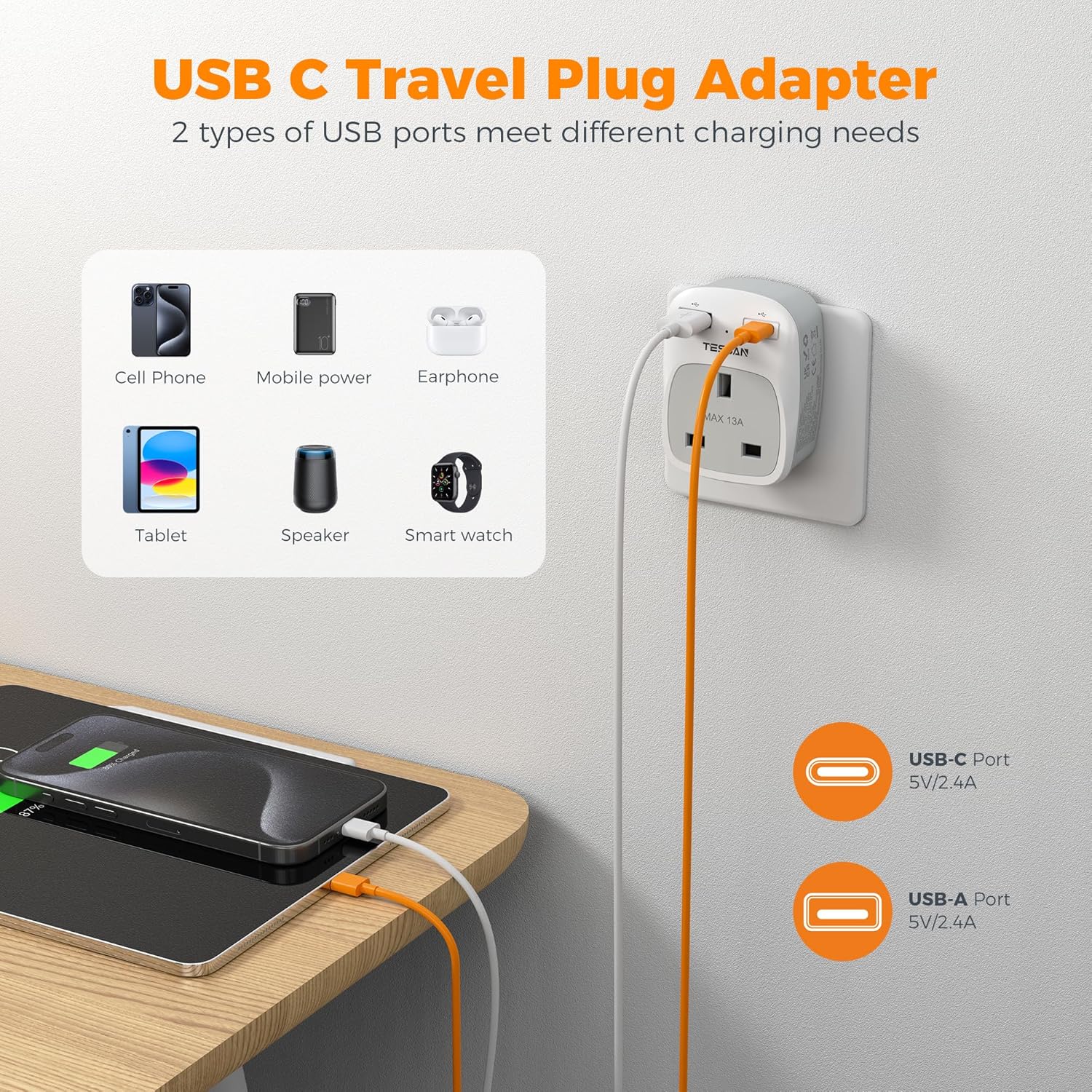 TESSAN 3-in-1 UK to Switzerland Adapter with USB-C