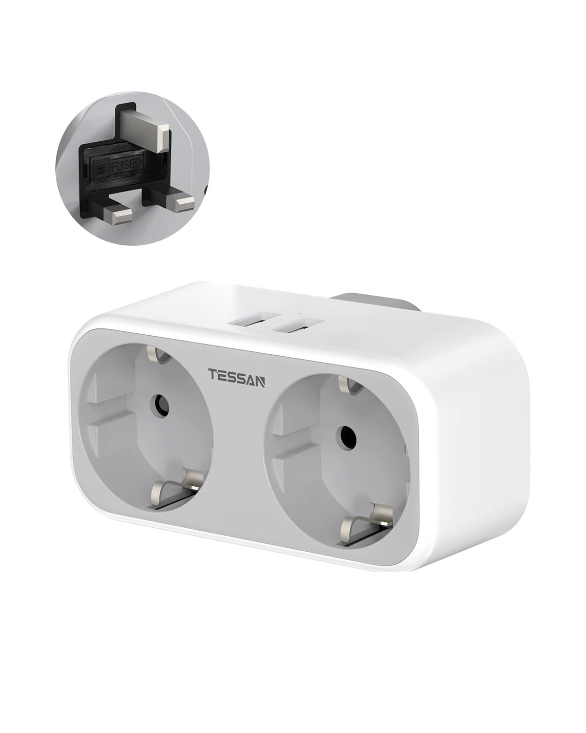 EU to UK Plug Adapter with 2 Outlets 2 USB Ports